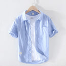 Summer New Single Pocket Shirts Men Short Sleeve 100% Cotton Casual Solid Color Basic Tops Clothing
