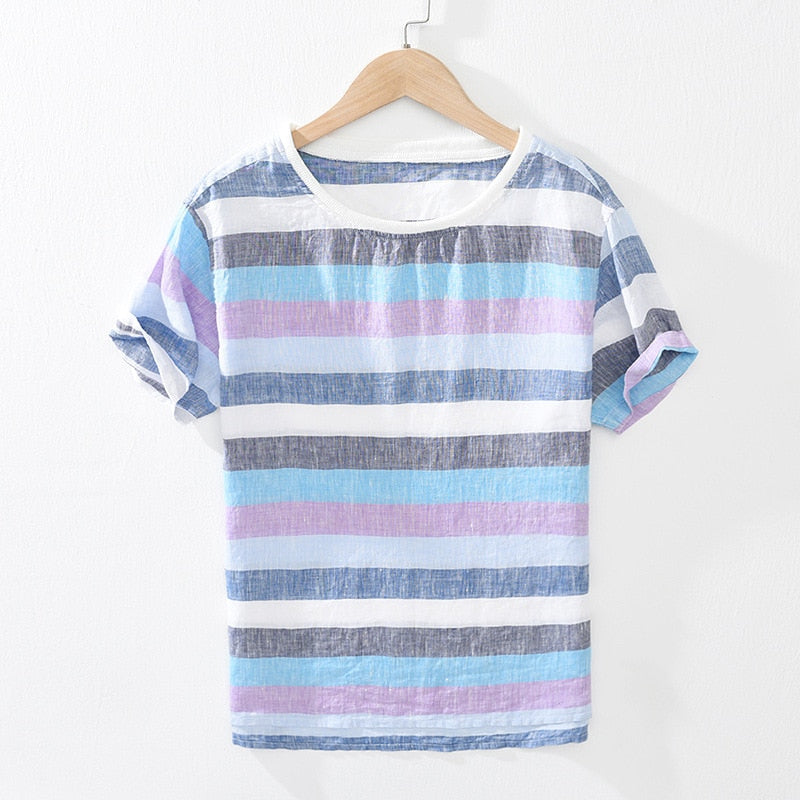 Striped T Shirt Men Summer New Short Sleeve Linen Casual T-Shirts Man Tops