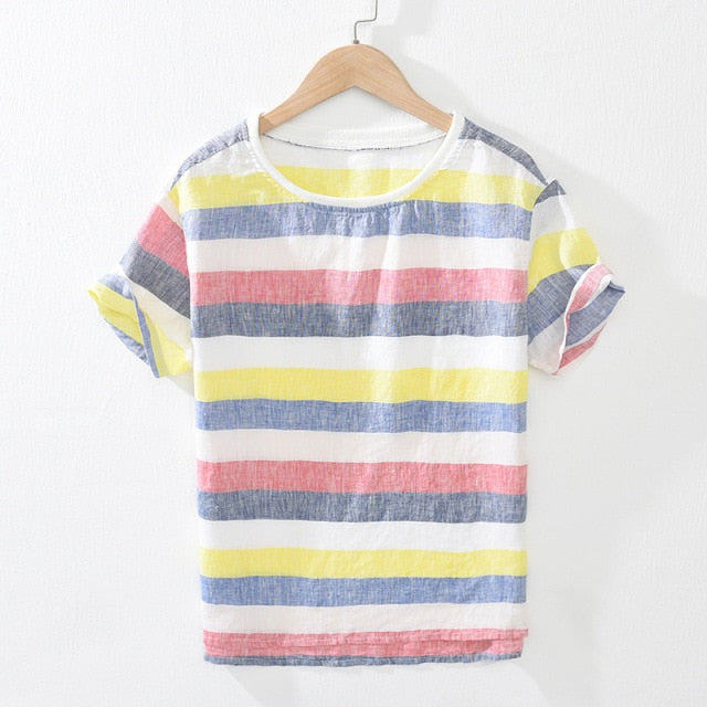 Striped T Shirt Men Summer New Short Sleeve Linen Casual T-Shirts Man Tops