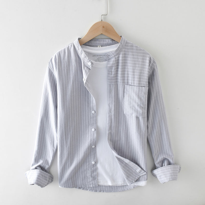Men's Stylish Striped Cotton Shirts Comfortable Long Sleeve Standard-fit Mandarin Collar Casual Tops Shirt