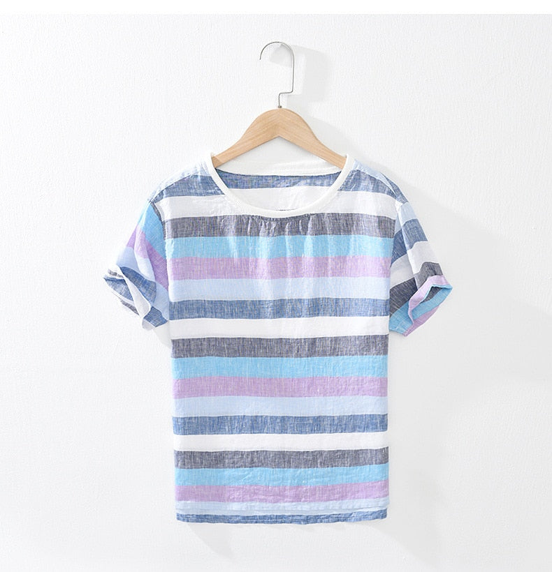 Striped T Shirt Men Summer New Short Sleeve Linen Casual T-Shirts Man Tops