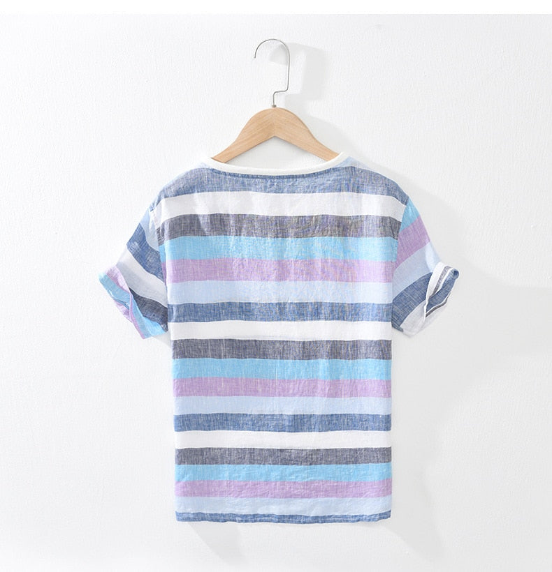 Striped T Shirt Men Summer New Short Sleeve Linen Casual T-Shirts Man Tops