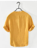 Pure Linen Short Sleeve Shirt for Men Summer New Pullover Tops Male Thin Slim Fit Button Up Retro Clothes
