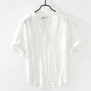Pure Linen Short Sleeve Shirt for Men Summer New Pullover Tops Male Thin Slim Fit Button Up Retro Clothes