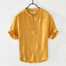 Pure Linen Short Sleeve Shirt for Men Summer New Pullover Tops Male Thin Slim Fit Button Up Retro Clothes