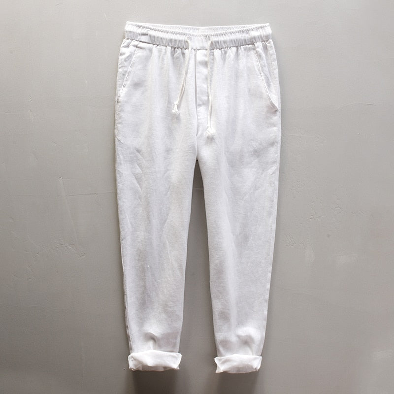 Men's Summer Casual Pants Natural Pure Linen Trousers Solid Color Elastic Waist Straight Pants