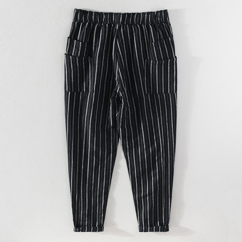 Summer Casual Stripe Pants for Men Cotton Linen Slim Fit Fashion Drawstring  Trousers Male Brand Clothing