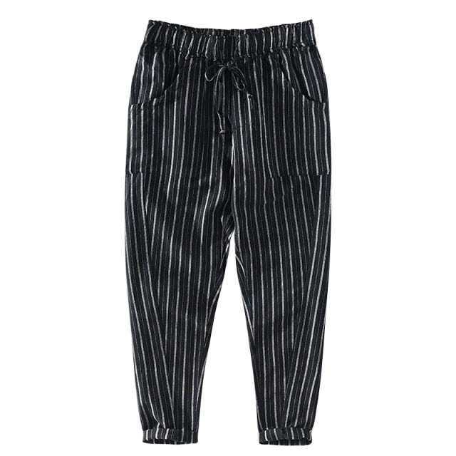 Summer Casual Stripe Pants for Men Cotton Linen Slim Fit Fashion Drawstring  Trousers Male Brand Clothing