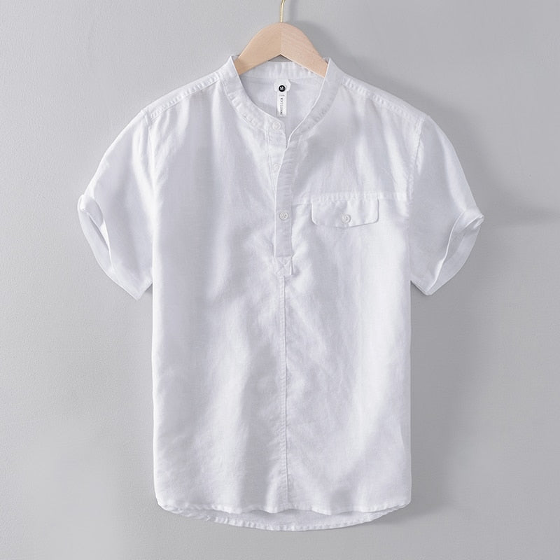 Short Sleeve Shirts for Men Cotton Linen Stand Collar Casual Pullover Tops Male Summer New Daily Solid White Clothes