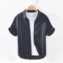 Pure Linen Short Sleeve Shirt for Men Summer New Tops Male Vintage Striped Slim Fit Hemp Shirt