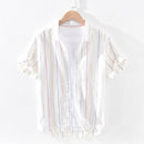 Pure Linen Short Sleeve Shirt for Men Summer New Tops Male Vintage Striped Slim Fit Hemp Shirt