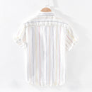 Pure Linen Short Sleeve Shirt for Men Summer New Tops Male Vintage Striped Slim Fit Hemp Shirt