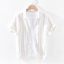 Pure Linen Short Sleeve Shirt for Men Summer New Tops Male Vintage Striped Slim Fit Hemp Shirt