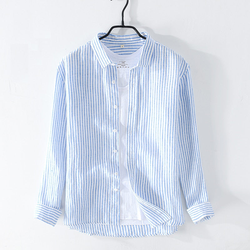 Chemise à manches longues pour hommes décontracté rayé col rabattu hauts 100% lin vêtements réguliers