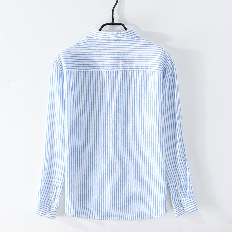 Chemise à manches longues pour hommes décontracté rayé col rabattu hauts 100% lin vêtements réguliers