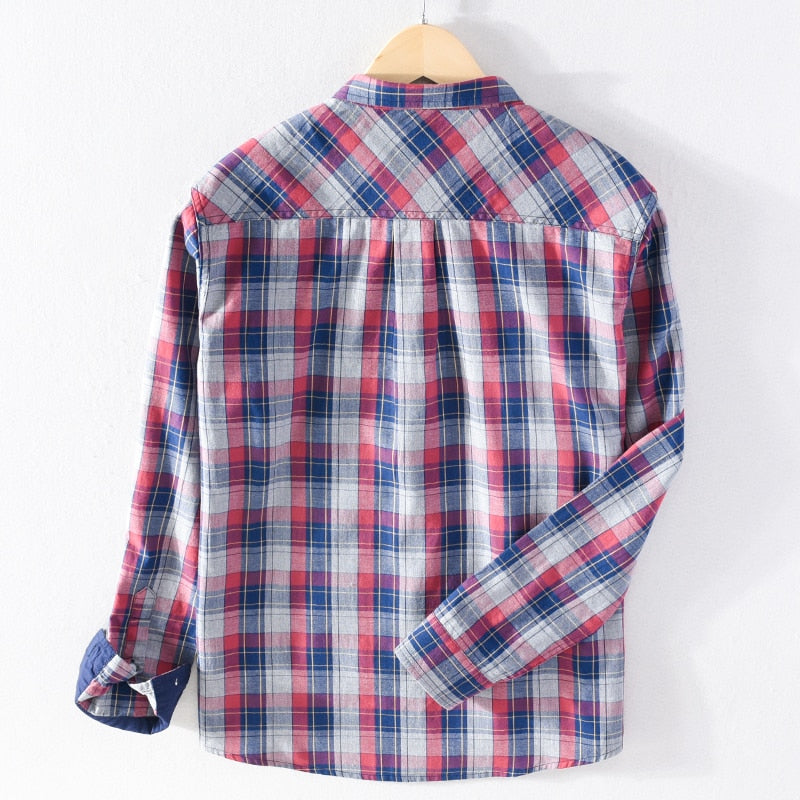 Men Red Pure Cotton Turn-down Collar Casual Tops Male Daily Button Up Vintage Clothing Blouse