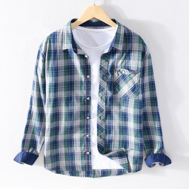 Men Red Pure Cotton Turn-down Collar Casual Tops Male Daily Button Up Vintage Clothing Blouse