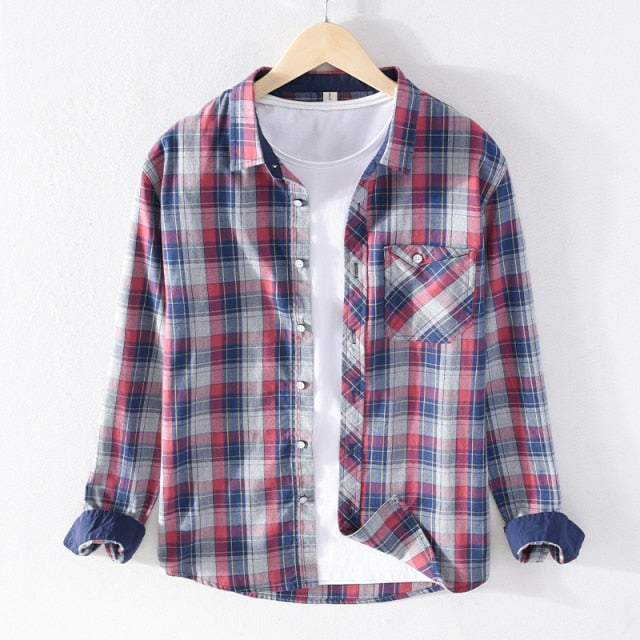 Men Red Pure Cotton Turn-down Collar Casual Tops Male Daily Button Up Vintage Clothing Blouse