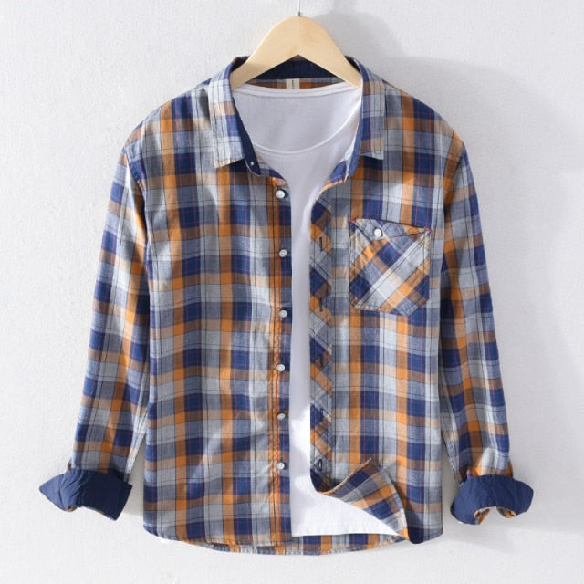 Men Red Pure Cotton Turn-down Collar Casual Tops Male Daily Button Up Vintage Clothing Blouse