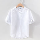 100% lin pull chemise pour hommes été nouveau à manches courtes hauts mâle solide blanc col Mandarin décontracté vêtements quotidiens