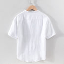 100% lin pull chemise pour hommes été nouveau à manches courtes hauts mâle solide blanc col Mandarin décontracté vêtements quotidiens