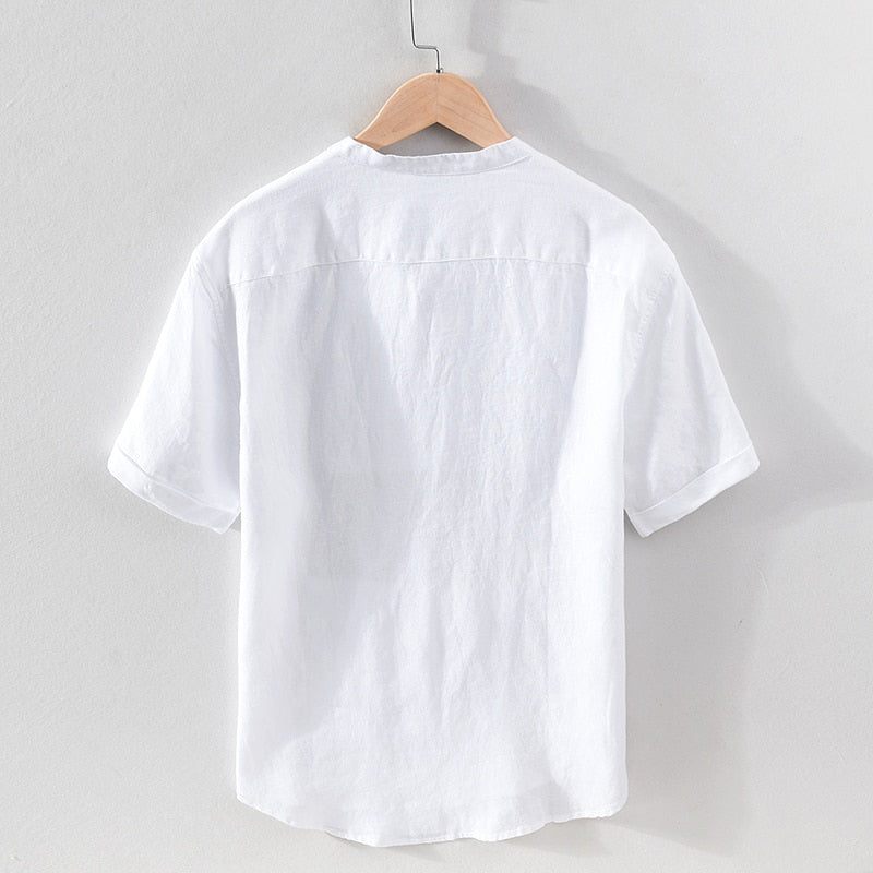 100% lin pull chemise pour hommes été nouveau à manches courtes hauts mâle solide blanc col Mandarin décontracté vêtements quotidiens