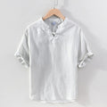 100% lin pull chemise pour hommes été nouveau à manches courtes hauts mâle solide blanc col Mandarin décontracté vêtements quotidiens