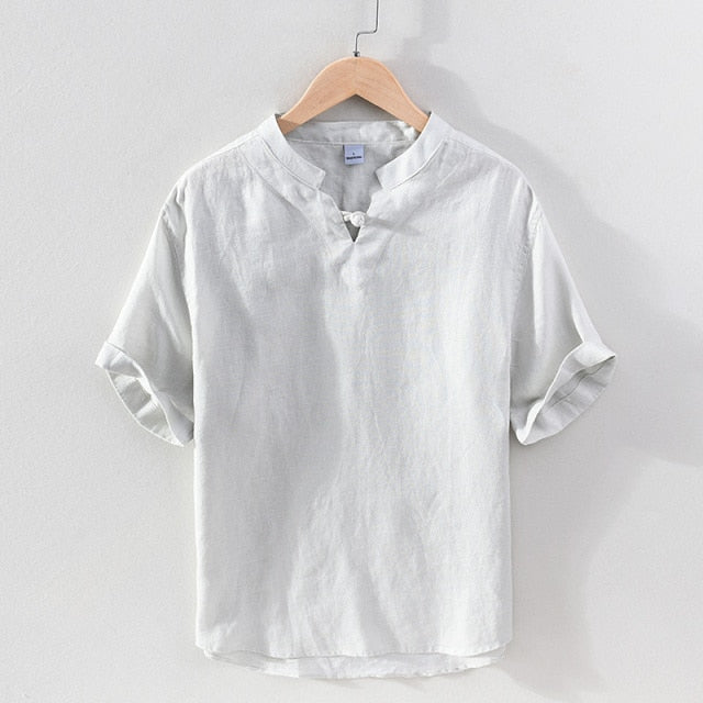 100% lin pull chemise pour hommes été nouveau à manches courtes hauts mâle solide blanc col Mandarin décontracté vêtements quotidiens