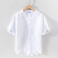 100% lin pull chemise pour hommes été nouveau à manches courtes hauts mâle solide blanc col Mandarin décontracté vêtements quotidiens
