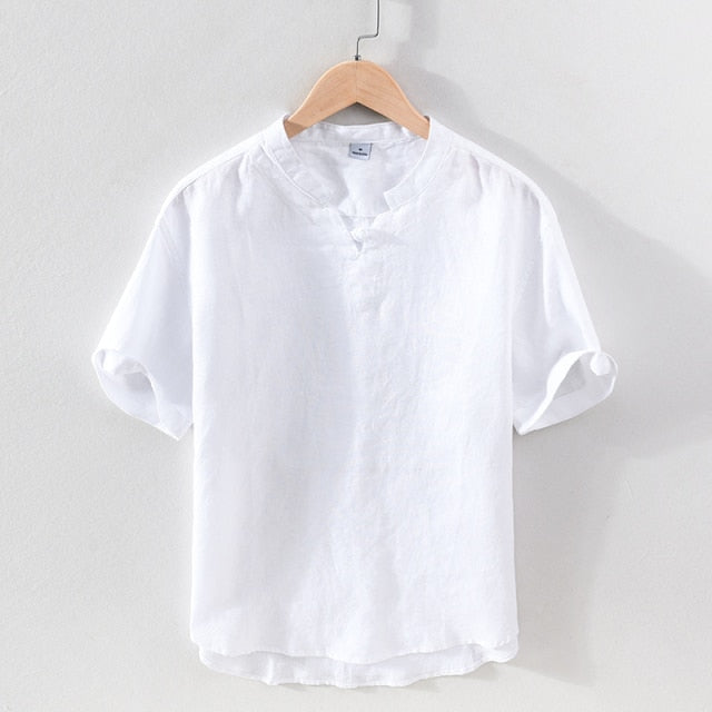 100% lin pull chemise pour hommes été nouveau à manches courtes hauts mâle solide blanc col Mandarin décontracté vêtements quotidiens