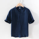 100% lin pull chemise pour hommes été nouveau à manches courtes hauts mâle solide blanc col Mandarin décontracté vêtements quotidiens