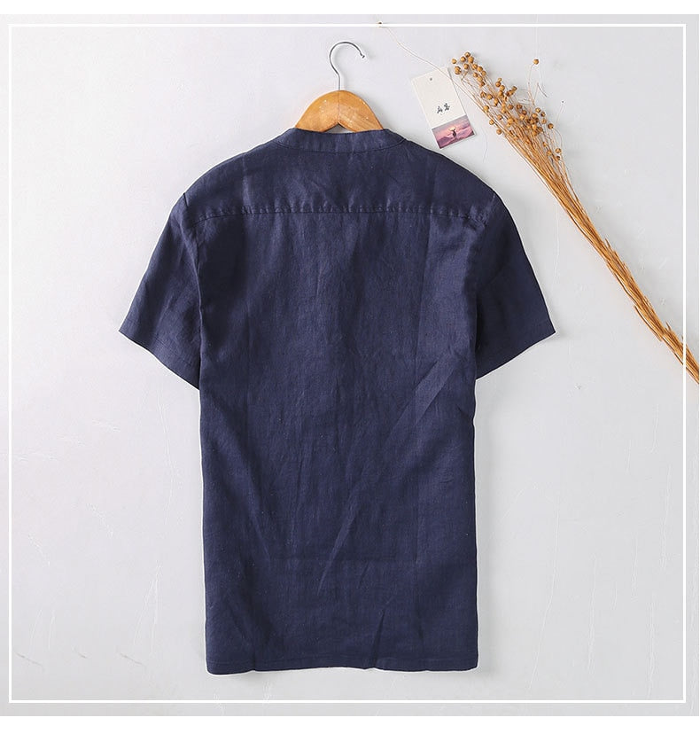 Pullover Shirts for Men Short Sleeve Linen Tops Summer Casual Turn-down Collar Vintage Designer Clothing