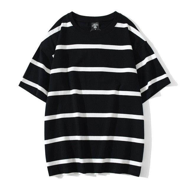 Striped Short Sleeve Oversized T Shirt for Men Summer New Cotton O-Neck Tops Male Simple All-match Cargo Retro Tops Gothic