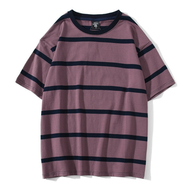 Striped Short Sleeve Oversized T Shirt for Men Summer New Cotton O-Neck Tops Male Simple All-match Cargo Retro Tops Gothic