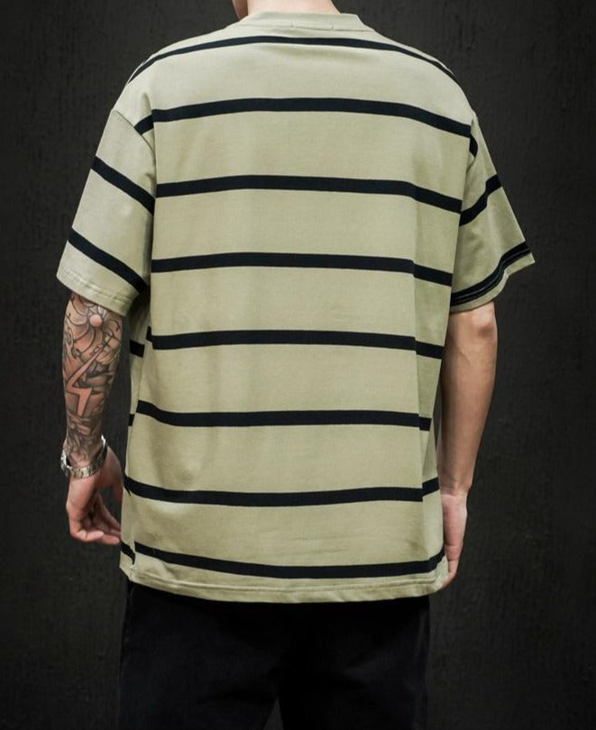 Striped Short Sleeve Oversized T Shirt for Men Summer New Cotton O-Neck Tops Male Simple All-match Cargo Retro Tops Gothic