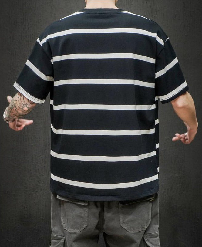 Striped Short Sleeve Oversized T Shirt for Men Summer New Cotton O-Neck Tops Male Simple All-match Cargo Retro Tops Gothic