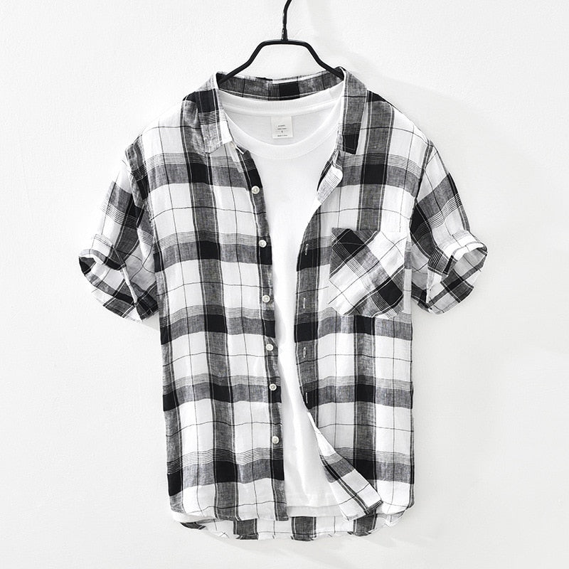 Pure Linen Short Sleeve Shirt for Men Summer New Tops Male Breathable Vintage Plaid Button Up Hemp Shirt