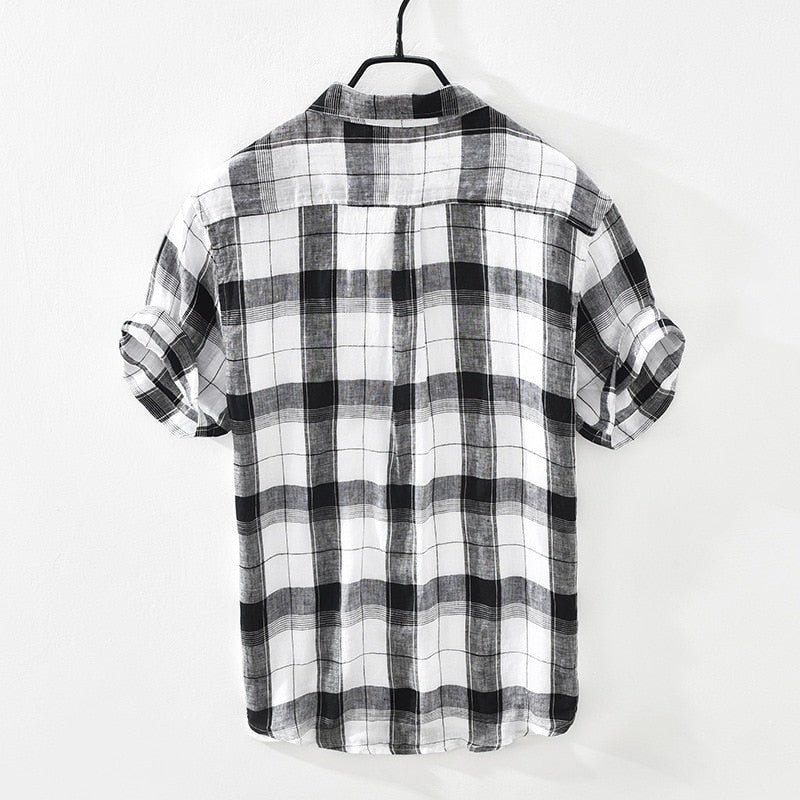 Pure Linen Short Sleeve Shirt for Men Summer New Tops Male Breathable Vintage Plaid Button Up Hemp Shirt