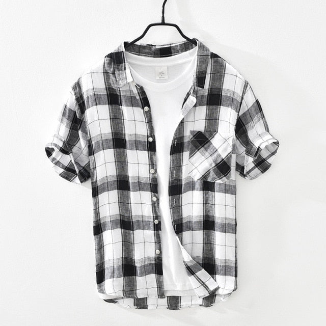 Pure Linen Short Sleeve Shirt for Men Summer New Tops Male Breathable Vintage Plaid Button Up Hemp Shirt