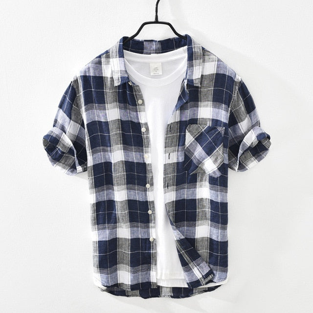 Pure Linen Short Sleeve Shirt for Men Summer New Tops Male Breathable Vintage Plaid Button Up Hemp Shirt