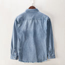 Ripped Denim Shirt for Men Turn-down Collar Cotton Vintage Tops Male Double Pocket Decoration Cowboy Clothes