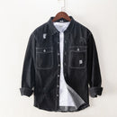 Ripped Denim Shirt for Men Turn-down Collar Cotton Vintage Tops Male Double Pocket Decoration Cowboy Clothes