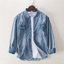 Ripped Denim Shirt for Men Turn-down Collar Cotton Vintage Tops Male Double Pocket Decoration Cowboy Clothes
