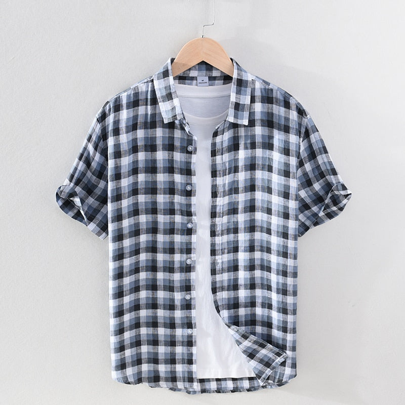 Red Plaid Short Sleeve Shirt for Men 100% Pure Linen Casual Turn-down Collar Tops Summer New Male Button Up Shirt