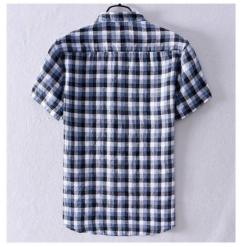 Red Plaid Short Sleeve Shirt for Men 100% Pure Linen Casual Turn-down Collar Tops Summer New Male Button Up Shirt