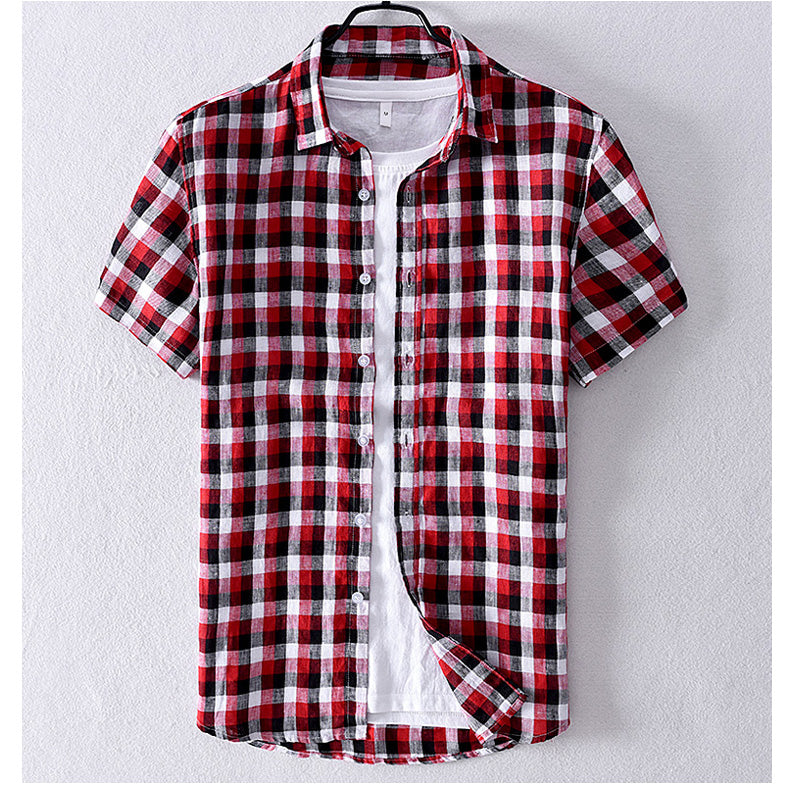 Red Plaid Short Sleeve Shirt for Men 100% Pure Linen Casual Turn-down Collar Tops Summer New Male Button Up Shirt