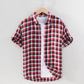 Red Plaid Short Sleeve Shirt for Men 100% Pure Linen Casual Turn-down Collar Tops Summer New Male Button Up Shirt