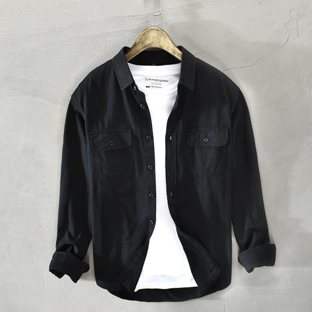 Long Sleeve Shirt for Men Pure Cotton Two Pocket Button Up Tops Male Casual Daily Solid White Turn-down Collar Retro Clothes