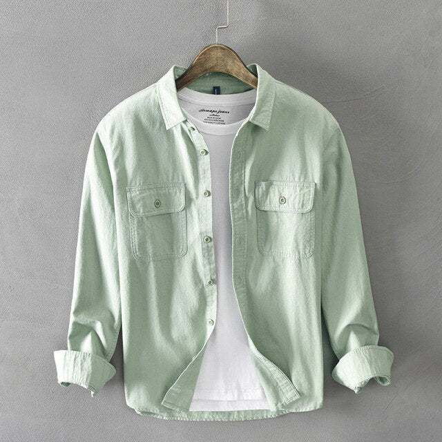Long Sleeve Shirt for Men Pure Cotton Two Pocket Button Up Tops Male Casual Daily Solid White Turn-down Collar Retro Clothes