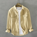 Long Sleeve Shirt for Men Pure Cotton Two Pocket Button Up Tops Male Casual Daily Solid White Turn-down Collar Retro Clothes